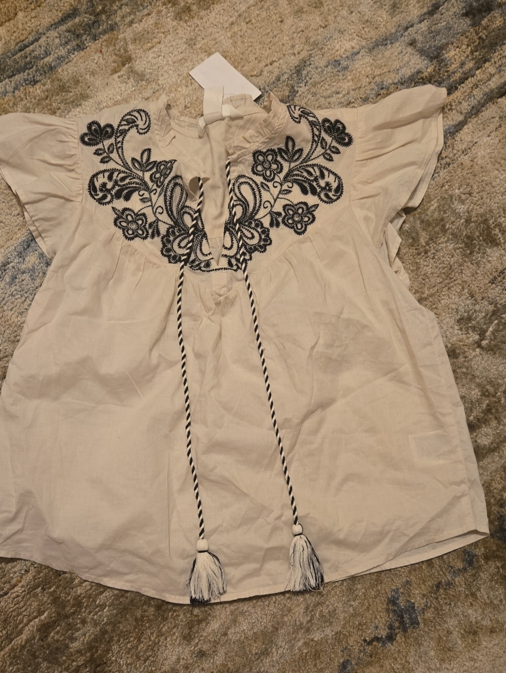 H&M Cream Blouse with Black Embroidered Yoke